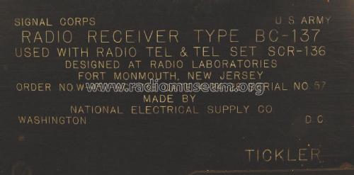 Radio Receiver Type BC-137; National Electric (ID = 2253146) Mil Re