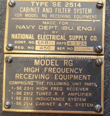 Model RG High Frequency Receiving Equipment SE 2511, SE 2512, SE 2513, SE 2514; National Electric (ID = 2253228) Mil Re