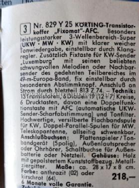 Luxemburg Fixomat-AFC 829/250 Körting Ch= 28145 B Best.Nr. 829/Y25; Neckermann-Versand (ID = 3057729) Radio