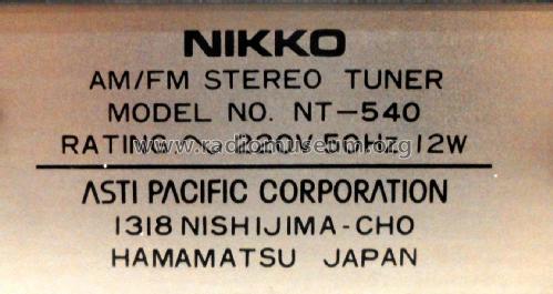 AM/FM Stereo Tuner NT-540; Nikko Electric (ID = 2539655) Radio