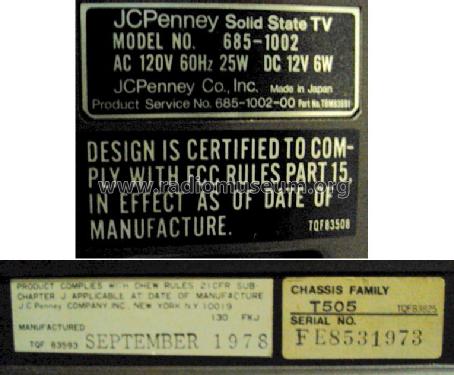Solid State TV 685-1002 T505; JCPenney, Penney's, (ID = 1253149) Télévision