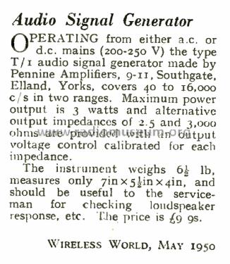 Audio Signal Generator T/I; Pennine Amplifiers; (ID = 3085950) Equipment