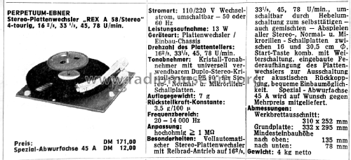 Stereo-Plattenwechsler Rex A58/Stereo; Perpetuum-Ebner PE; (ID = 3108522) Enrég.-R