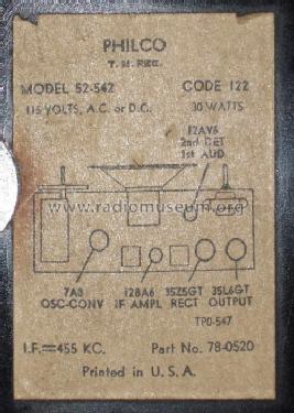 52-542-M Code 122; Philco, Philadelphia (ID = 741061) Radio