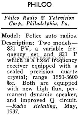 821PV ; Philco, Philadelphia (ID = 1001780) Car Radio