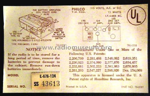 E-676 'Mustang' Code 124; Philco, Philadelphia (ID = 790619) Radio