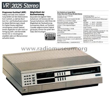 Stereo Videorecorder VR2025 /00 /02; Philips Radios - (ID = 2562316) R-Player