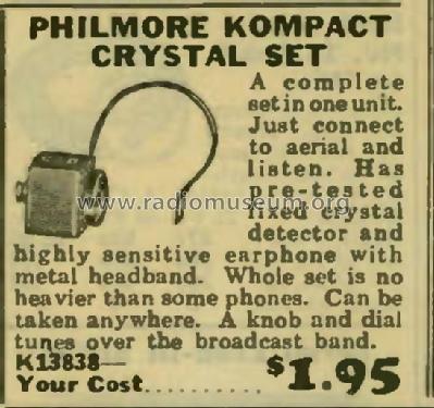 Kompakt Crystal Radio Set ; Philmore Mfg. Co. - (ID = 2670764) Crystal