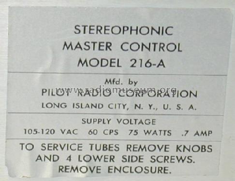 Stereo Preamplifier Control Center SP-216A; Pilot Electric Mfg. (ID = 757316) Ampl/Mixer