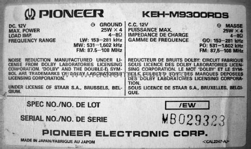 Car Radio Cassette KEH-M9300RDS; Pioneer Corporation; (ID = 1068478) Car Radio