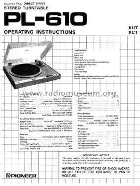 Quartz PLL Direct Drive Stereo Turntable PL-610; Pioneer Corporation; (ID = 1649247) R-Player