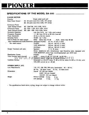 Stereo Amplifier SA-500; Pioneer Corporation; (ID = 1891244) Ampl/Mixer