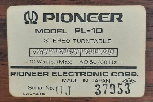 Stereo Turntable PL-10; Pioneer Corporation; (ID = 3091265) R-Player