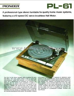 Stereo Turntable PL-61; Pioneer Corporation; (ID = 1651328) R-Player