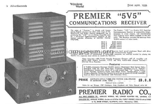 Communications Receiver 5V5; Premier Radio Co. (ID = 2928088) Amateur-R