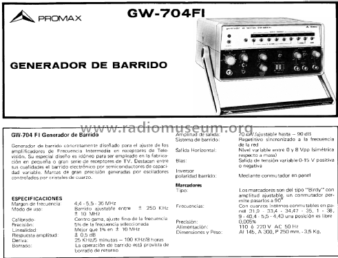 Generador de Barrido GW-704-FI ; Promax; Barcelona (ID = 2249545) Equipment