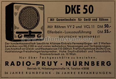 DKE50 Radio Pruy, Radio-; Nürnberg, build 1950, 3 pictures, 2 tubes ...
