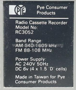 2 Way Power Auto Stop Radio Cassette Recorder RC3052; Pye Industries Ltd (ID = 2950409) Radio