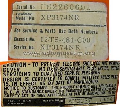 XP3174NR Ch= 12-TS-481-C00; Quasar Company, (ID = 679917) Television