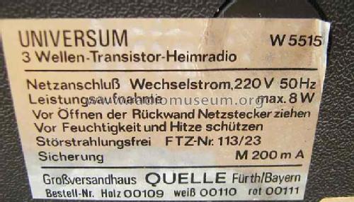 Universum 3-Wellen-Transistor-Heimradio W5515 Best. Nr. 00109 / 00110 / 00111; QUELLE GmbH (ID = 1528516) Radio