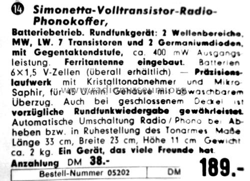 Simonetta Volltransistor-Radio-Phonokoffer Best.Nr. 05202; QUELLE GmbH (ID = 2536486) Radio