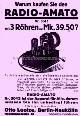 Dreiröhren-Fernempfänger Belcanto 1928 3043; Radio-Amato, Otto (ID = 1610694) Radio