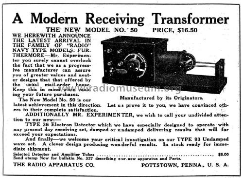 Modern Receiving Transformer Model No. 50; Radio Apparatus Co.; (ID = 986909) mod-pre26