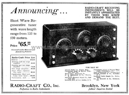 Short Wave Regenerative Tuner ; Radio-Craft Company (ID = 955516) mod-pre26