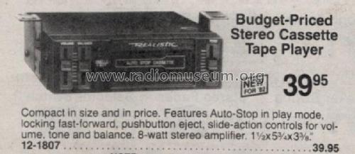 Realistic Stereo Car Cassette 12-1807A; Radio Shack Tandy, (ID = 2883502) R-Player