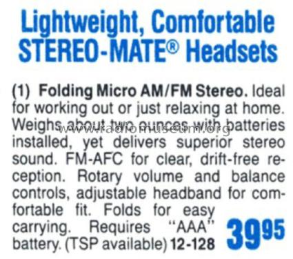 Realistic Stereo Mate Headset Radio 12-128; Radio Shack Tandy, (ID = 1768601) Radio