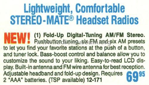 Realistic Stereo Mate Headset Radio 12-171; Radio Shack Tandy, (ID = 1776232) Radio