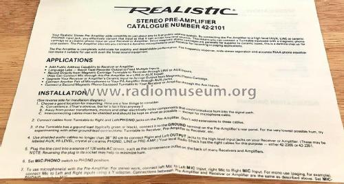 Realistic Stereo Pre-Amplifier LL 41052 Catalog No.: 42-2101; Radio Shack Tandy, (ID = 2814407) Ampl/Mixer