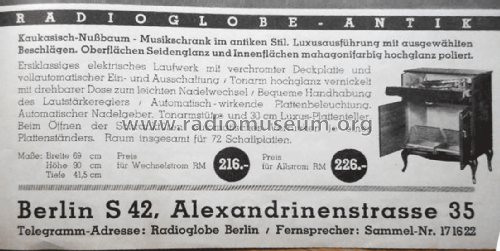 Radioglobe Antik - Musikschrank ; Radiophon Company, (ID = 2925589) R-Player