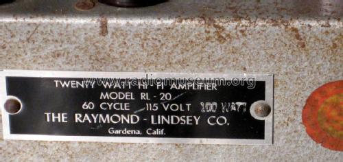 Twenty Watt Hi-Fi Amplifier RL-20; Raymond-Lindsey Co. (ID = 2096469) Ampl/Mixer