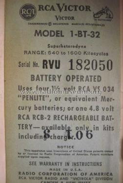 1BT32 Ch= RC-1187A; RCA RCA Victor Co. (ID = 807473) Radio