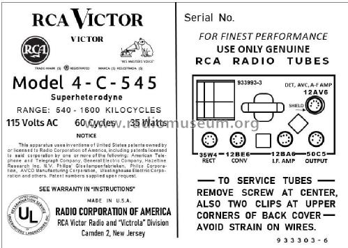 4C545 Ch= RC-1145; RCA RCA Victor Co. (ID = 2779430) Radio