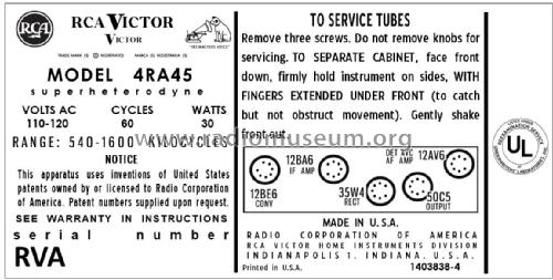 4RA45 Ch= RC-1213F; RCA RCA Victor Co. (ID = 2916160) Radio