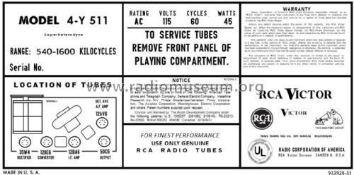 4Y511 Ch=RC-1134; RCA RCA Victor Co. (ID = 2884978) Radio