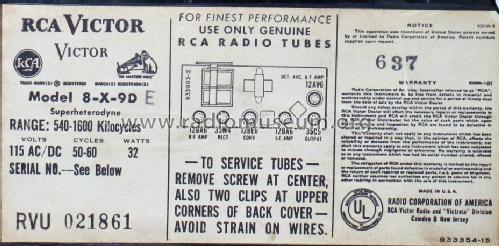 8-X-9DE Ch= RC-1140A; RCA RCA Victor Co. (ID = 725890) Radio