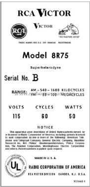 8R75 Ch= RC-1060A; RCA RCA Victor Co. (ID = 2921826) Radio