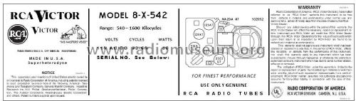 8X542 Ch= RC-1065; RCA RCA Victor Co. (ID = 2780724) Radio