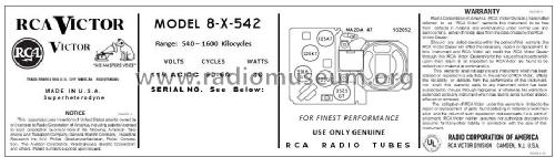 8X542 Ch= RC-1065A; RCA RCA Victor Co. (ID = 2780754) Radio