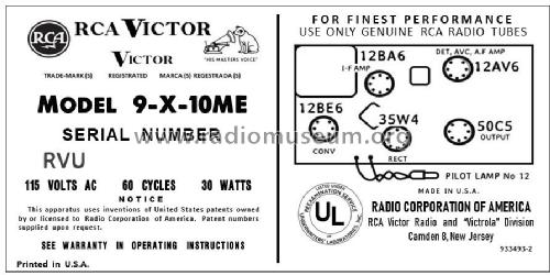 9-X-10ME 'The Woodlawn' Ch= RC-1166A; RCA RCA Victor Co. (ID = 2921200) Radio