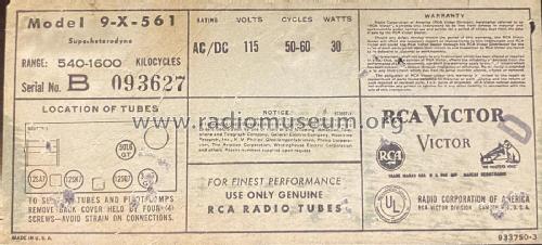 9X561 Ch= RC-1079B; RCA RCA Victor Co. (ID = 2775340) Radio
