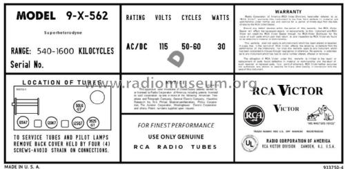 9X562 Ch= RC-1079C; RCA RCA Victor Co. (ID = 2826656) Radio