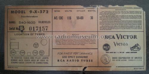9X572 Ch= RC-1079A; RCA RCA Victor Co. (ID = 1555279) Radio