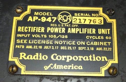 Rectifier Power Amplifier Unit AP-947; RCA RCA Victor Co. (ID = 2943393) Ampl/Mixer