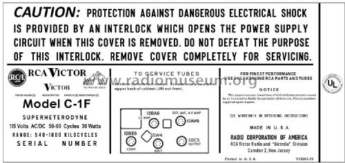 C1F Ch= RC-1188A; RCA RCA Victor Co. (ID = 2841044) Radio