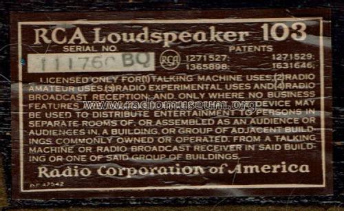 Loudspeaker 103 Speaker-P RCA RCA Victor Co. Inc.; New York NY, build ...