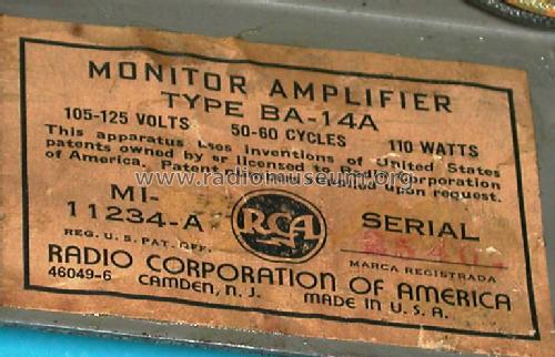 Monitor Amplifier BA-14A ; RCA RCA Victor Co. (ID = 496722) Ampl/Mixer